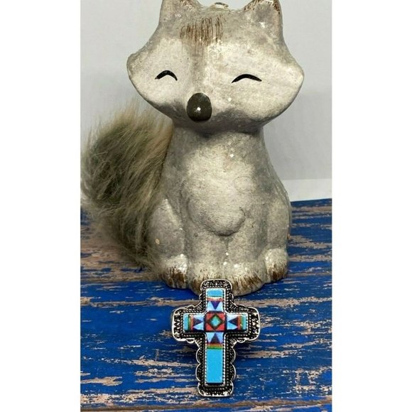 Southwest Cross Silver Turquoise Red Black Stretch - Picture 5 of 7
